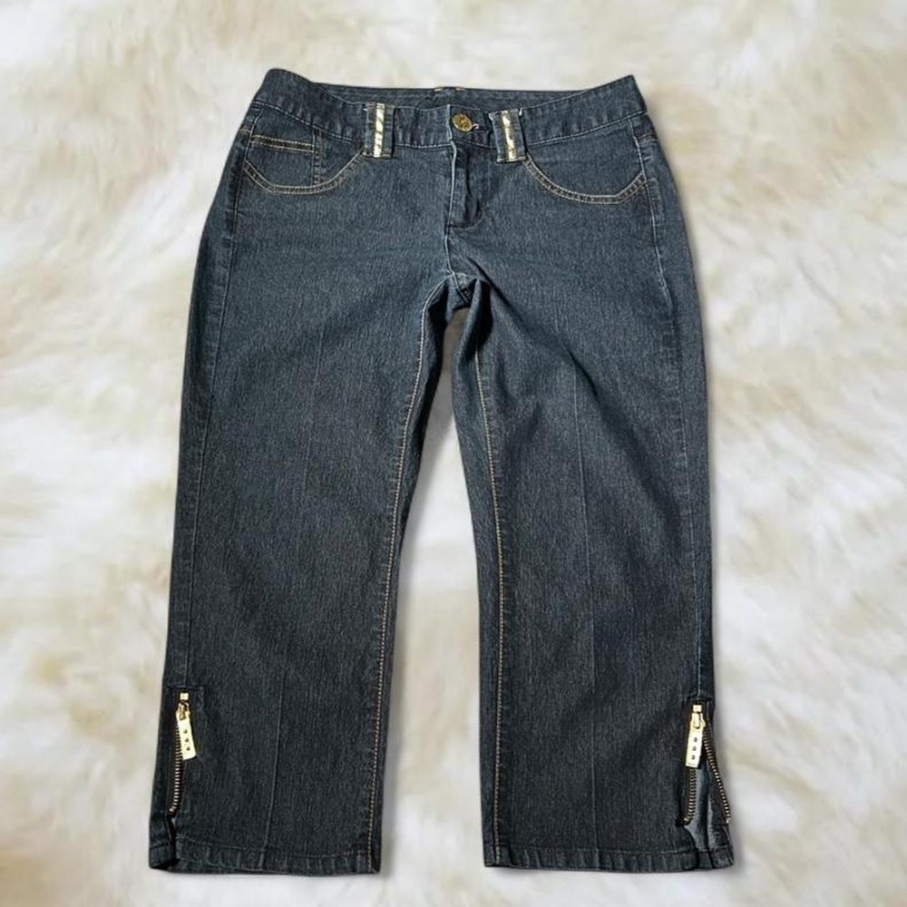 Bisou Bisou Y2K Low Rise Dark Wash Denim Jeans Capri Gold Hardware Size 2